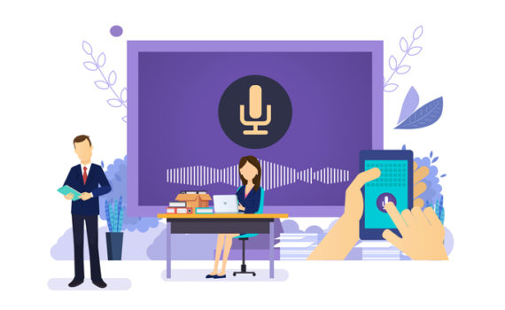 Smart speaker or voice assistant. Virtual human control voice assistant, artificial intelligence. Smart speaker, mobile and desktop application. People with smartphone, gadgets. Vector illustration.