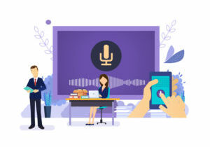 Smart speaker or voice assistant. Virtual human control voice assistant, artificial intelligence. Smart speaker, mobile and desktop application. People with smartphone, gadgets. Vector illustration.