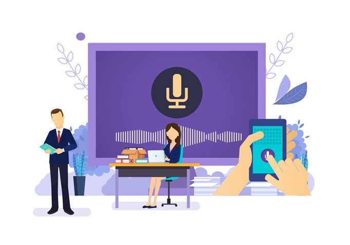 Smart speaker or voice assistant. Virtual human control voice assistant. Smart speaker or voice assistant. Virtual human control voice assistant, artificial intelligence. Smart speaker, mobile and desktop application. People with smartphone, gadgets. Vector illustration.
